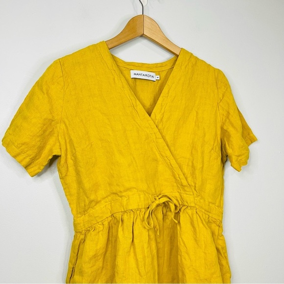 MANTAIKOTAI mustard linen dress short mustard Yellow Wrap Dress size medium - Picture 2 of 4
